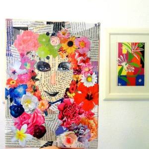 Πίνακας collage "flowers on my head" - διακοσμητικό, χρωματιστό, ιδιαίτερο, πίνακες & κάδρα, καμβάς, χαρτί, επιτοίχιο, λουλούδια, ακρυλικό, φλοράλ, είδη διακόσμησης, είδη δώρου, boho - 2