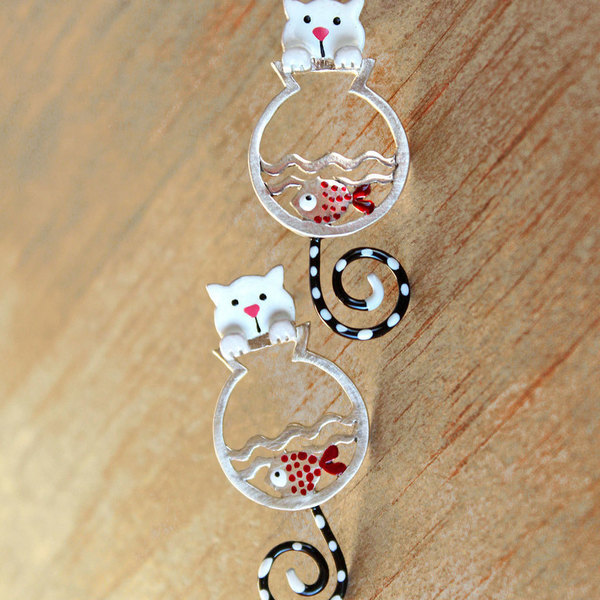 Ασημένια σκουλαρίκια - Γατούλα πάνω στη γυάλα - πολύχρωμο, fashion, χρωματιστό, design, ασήμι 925, χειροποίητα - 5