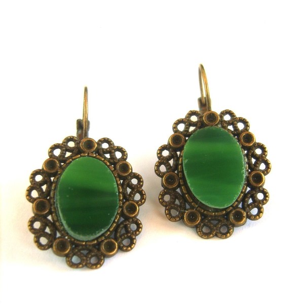Vintage Σκουλαρίκια με γυαλί βιτρώ - boho, vintage, κρεμαστά, romantic, γυαλί, ορείχαλκος, δώρο, κορίτσι, βιτρώ - 2
