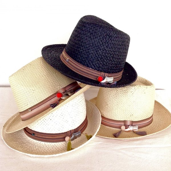 Tsarouhi summer hat - boho, chic, ψάθα, κερωμένα κορδόνια, ορείχαλκος