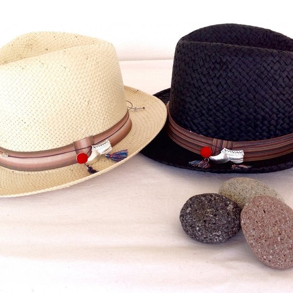 Tsarouhi summer hat - boho, chic, ψάθα, κερωμένα κορδόνια, ορείχαλκος - 2