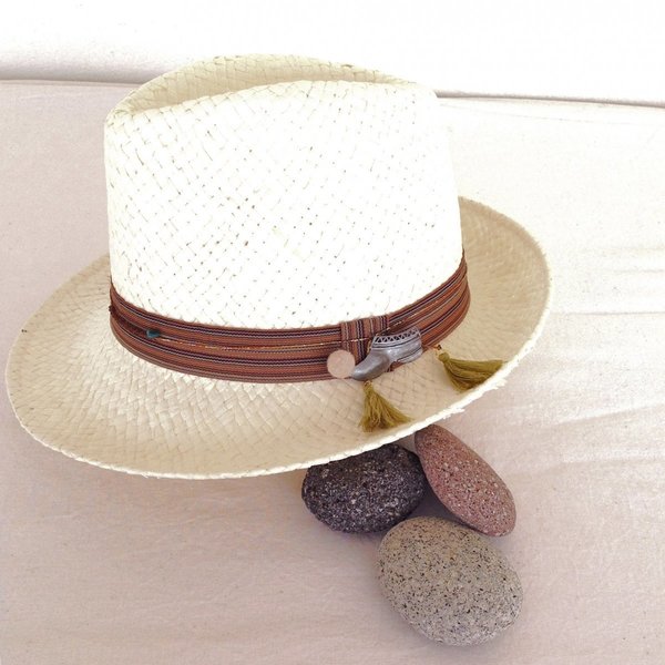 Tsarouhi summer hat - boho, chic, ψάθα, κερωμένα κορδόνια, ορείχαλκος - 2