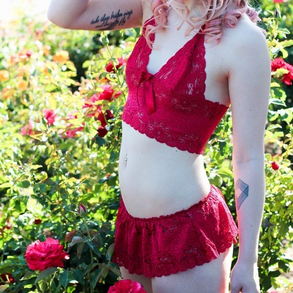Δαντελενιο skirted thong και soft bralette σετ - φιόγκος, γυναικεία, romantic, χειροποίητα, δαντέλα, σατέν, δώρα αγίου βαλεντίνου
