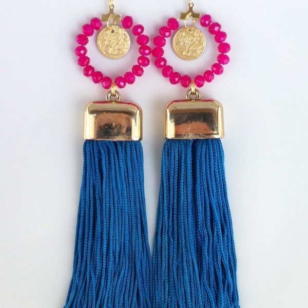 Pacific Ethnic Earrings - chic, design, κρύσταλλα, με φούντες, πλάτης, μέταλλο, χειροποίητα, μακριά, boho, ethnic, κρεμαστά