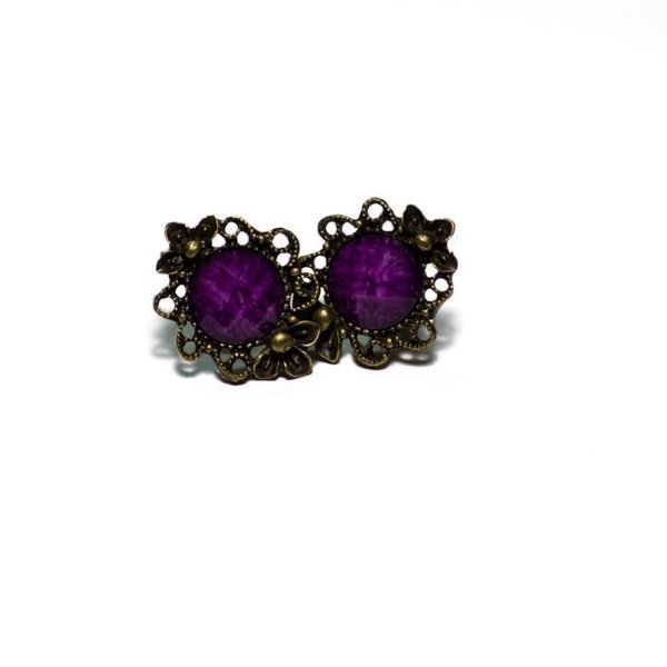 Purple stud earrings - vintage, πέτρα, μέταλλο