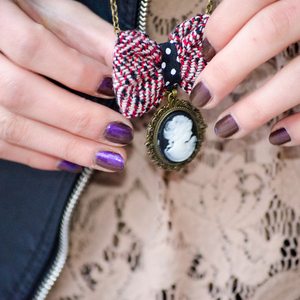 Black Cameo Necklace - μαλλί, ύφασμα, φιόγκος, vintage, μακρύ, romantic, μακριά, Black Friday, μενταγιόν - 4