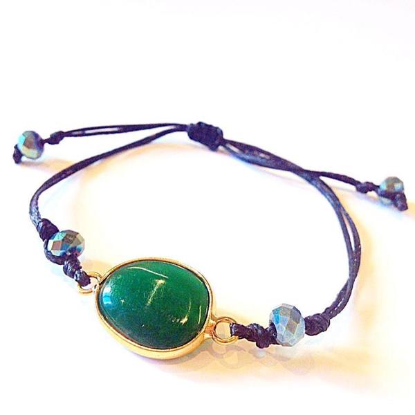 LARA ART Green bracelet - ημιπολύτιμες πέτρες, charms, κορδόνια, minimal, αυξομειούμενα