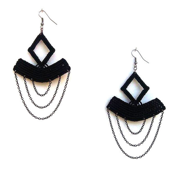 Μακραμέ μαύρα σκουλαρίκια - Isadora earrings - statement, αλυσίδες, βραδυνά, κορδόνια, γεωμετρικά σχέδια, χειροποίητα, boho, rock, κρεμαστά