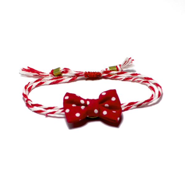 Playful March Red Polka Bow - ύφασμα, βαμβάκι, φιόγκος, πουά, μάρτης, βραχιόλι, χειροποίητα, στυλ φιόγκος, μαρτάκια