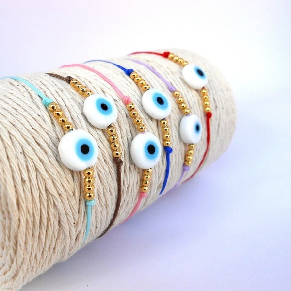 Glass evil eye friendship bracelet - chic, πολύχρωμο, γυαλί, charms, επιχρυσωμένα, κορδόνια - 4