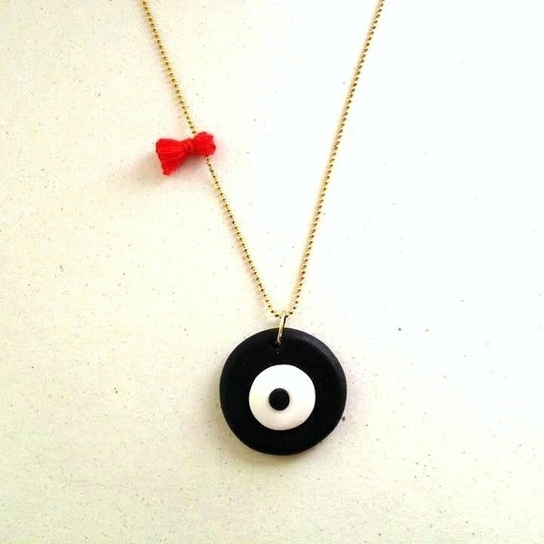 Evil eye and red tassel necklace - γούρι, μακρύ, πηλός, χειροποίητα, μάτι, μακριά, αυξομειούμενα