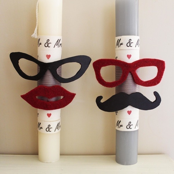 Λαμπάδα Mr & Mrs - κορδέλα, chic, handmade, χαρτί, τσόχα, χειροποίητα