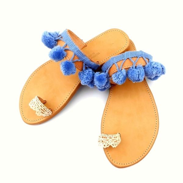 Pom pom and lace sandals - δέρμα, chic, δαντέλα, καλοκαιρινό, σανδάλι, boho - 4