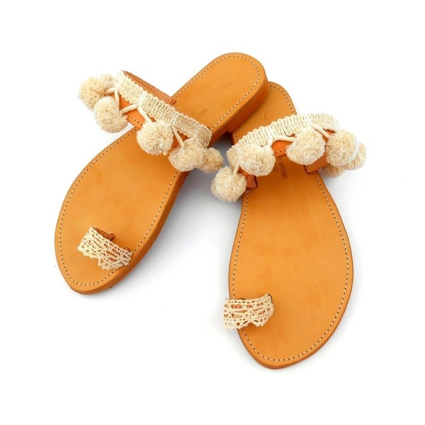 Pom pom and lace sandals - δέρμα, chic, δαντέλα, καλοκαιρινό, σανδάλι, boho - 3