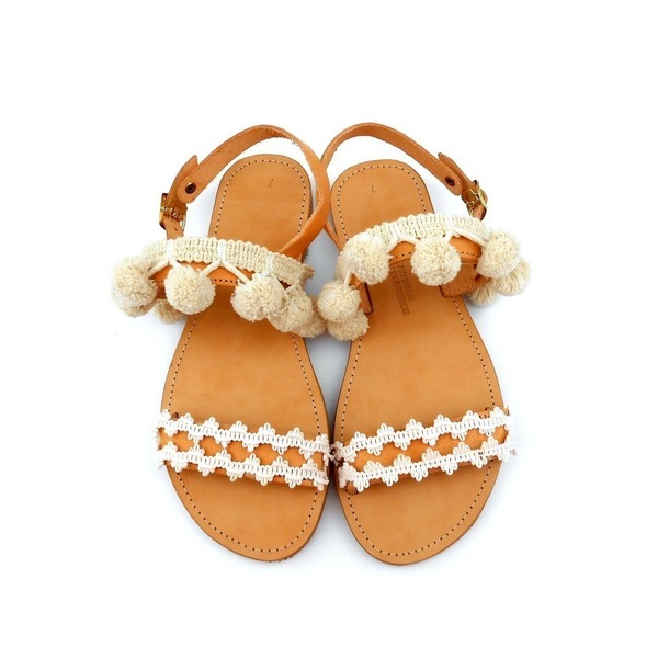 Sandals with pom pom and lace cord - δέρμα, chic, δαντέλα, καλοκαιρινό, σανδάλι, romantic, boho, φλατ