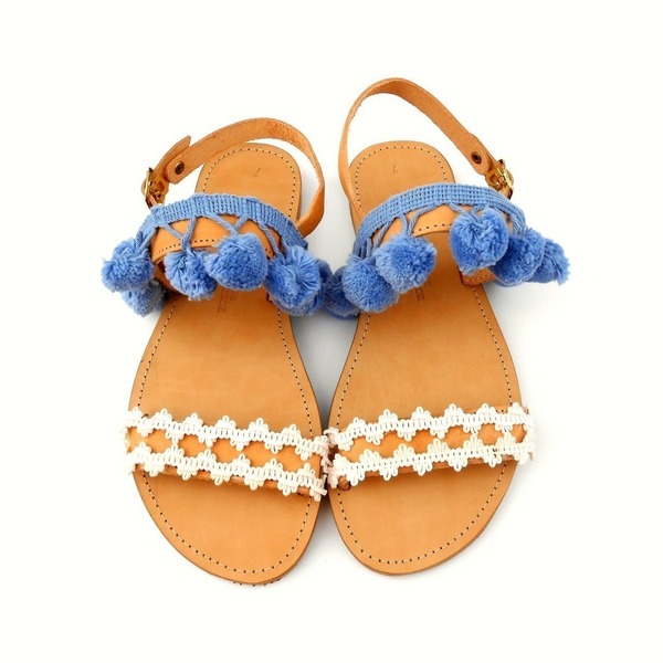 Sandals with pom pom and lace cord - δέρμα, chic, δαντέλα, καλοκαιρινό, σανδάλι, romantic, boho, φλατ - 2