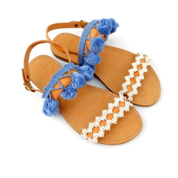 Sandals with pom pom and lace cord - δέρμα, chic, δαντέλα, καλοκαιρινό, σανδάλι, romantic, boho, φλατ - 3