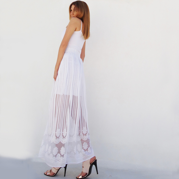 Λευκή δαντελένια maxi φούστα με εσωτερική φόδρα - δαντέλα, μακριά
