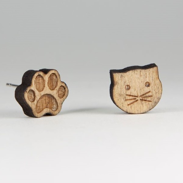 Ξύλινα Σκουλαρίκια - Animal Earrings -Studs - ξύλο, ζωάκι, επάργυρα, χειροποίητα, minimal, καρφωτά, φθηνά