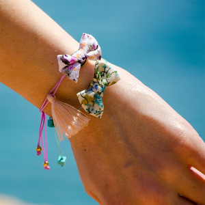 Summer Bow Bracelets - ύφασμα, ύφασμα, φιόγκος, καλοκαιρινό, charms, νήμα, με φούντες, μέταλλο, κορδόνια, romantic, αυξομειούμενα - 3