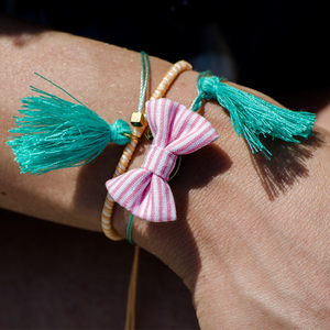 Summer Bow Bracelets - ύφασμα, ύφασμα, φιόγκος, καλοκαιρινό, charms, νήμα, με φούντες, μέταλλο, κορδόνια, romantic, αυξομειούμενα - 4