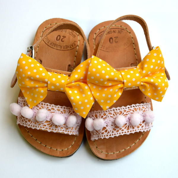 Baby sandal yellow fabric bow - δέρμα, ύφασμα, κορδέλα, βαμβάκι, φιόγκος, καλοκαιρινό, σανδάλι, για παιδιά