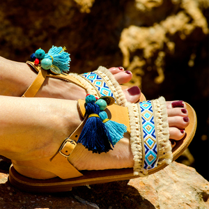 #Balos Beach# Sandals - δέρμα, ημιπολύτιμες πέτρες, καλοκαιρινό, κοράλλι, λάβα, φλουρί, με φούντες, σανδάλι, χειροποίητα, πέτρες, ethnic, κρόσσια - 2