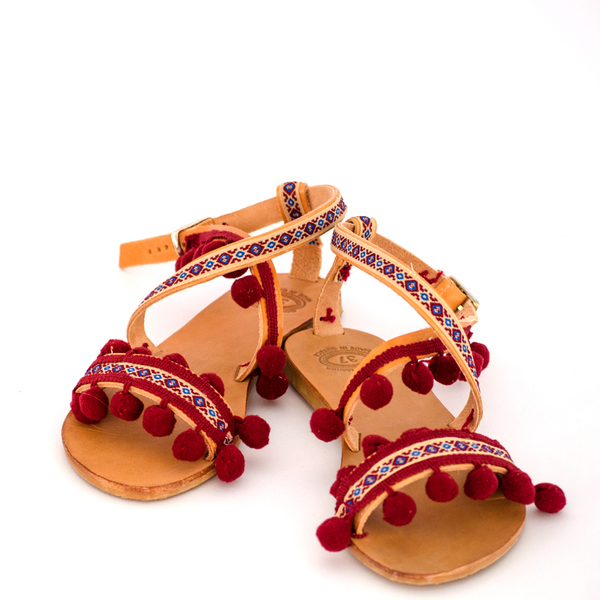 #Palmizana Island# Sandals - σανδάλι, boho, δέρμα, pom pom, ethnic, καλοκαιρινό, χειροποίητα, ankle strap