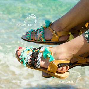 #Karma Beach# & #Βinalong Βay# Sandals - δέρμα, ημιπολύτιμες πέτρες, πολύχρωμο, καλοκαιρινό, με φούντες, σανδάλι, κοχύλι, pom pom, χειροποίητα, πέτρες, boho, ethnic, ankle strap - 2