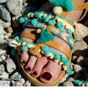 #Karma Beach# & #Βinalong Βay# Sandals - δέρμα, ημιπολύτιμες πέτρες, πολύχρωμο, καλοκαιρινό, ταμπά, με φούντες, σανδάλι, κοχύλι, pom pom, χειροποίητα, πέτρες, boho, ethnic, ankle strap - 3