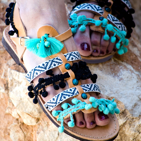 #Karma Beach# & #Βinalong Βay# Sandals - δέρμα, ημιπολύτιμες πέτρες, πολύχρωμο, καλοκαιρινό, ταμπά, με φούντες, σανδάλι, κοχύλι, pom pom, χειροποίητα, πέτρες, boho, ethnic, ankle strap - 4