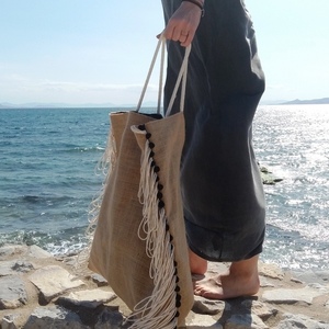Tσάντα θαλάσσης με κρόσσια - ώμου, customized, χειροποίητα, μεγάλες, boho, θαλάσσης, φθηνές - 3