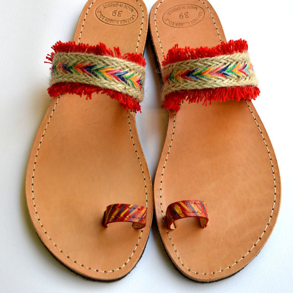 Handmade sandal Boho Red - κορδέλα, χρωματιστό, καλοκαιρινό, γυναικεία, σανδάλι, χειροποίητα