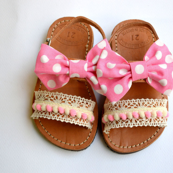 Handmade baby sandal pink bow dots - κορδέλα, φιόγκος, καλοκαιρινό, σανδάλι, χειροποίητα, φλατ, για παιδιά - 2