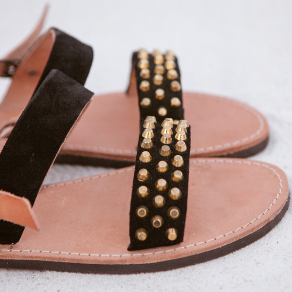 "apostasy sandals " in black with golden studs - μοντέρνο, σανδάλι, σανδάλια, street style, χειροποίητα, minimal, μαύρα, φλατ, ankle strap - 3