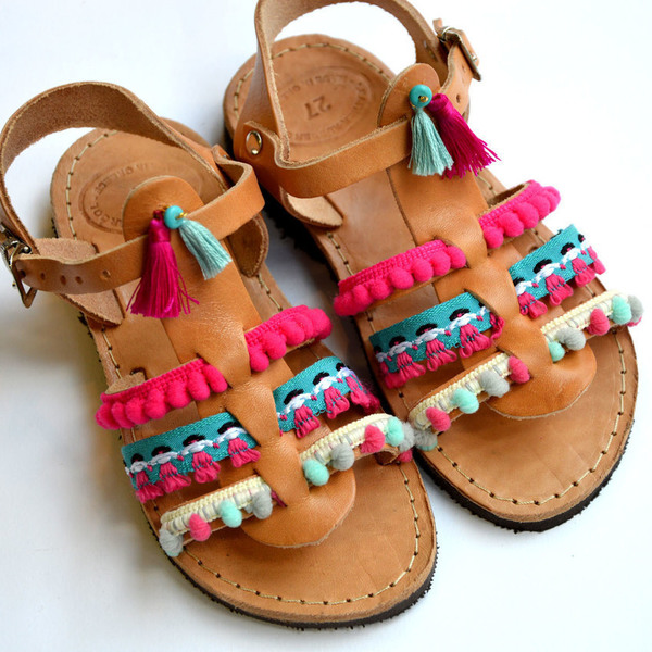 Handmade baby sandal bohemian pink - πολύχρωμο, χρωματιστό, καλοκαιρινό, σανδάλι, χειροποίητα, boho, φλατ, για παιδιά - 2