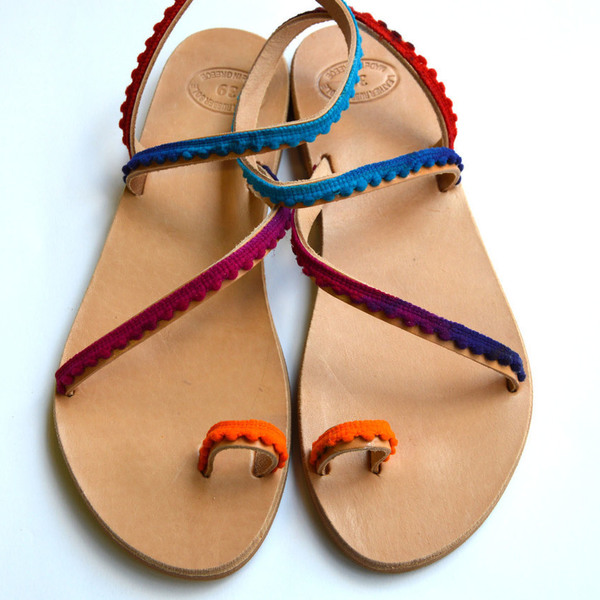 Handmade sandals rainbow - κορδέλα, πολύχρωμο, καλοκαιρινό, pom pom
