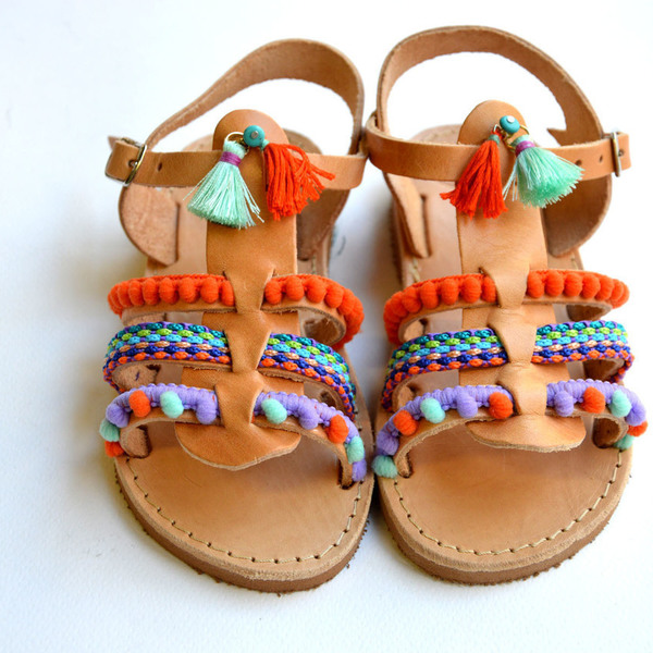 Handmade baby sandal gladiator pastel - κορδέλα, καλοκαιρινό, pom pom, σανδάλια, boho, φλατ