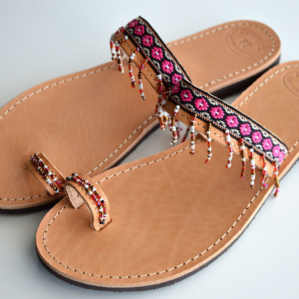 Handmade boho sandals pink - βαμβάκι, χάντρες, boho