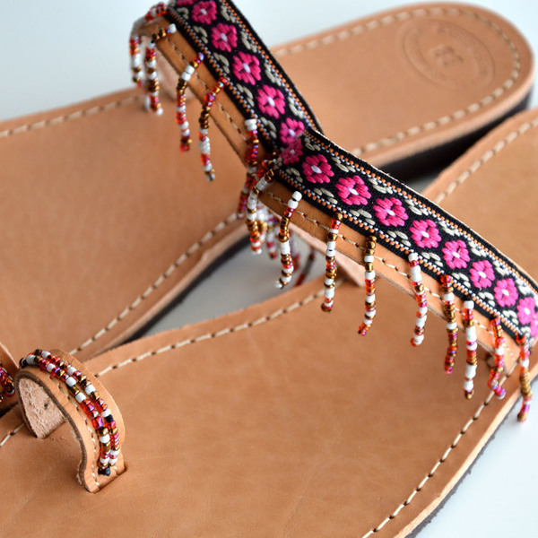 Handmade boho sandals pink - βαμβάκι, χάντρες, boho - 2