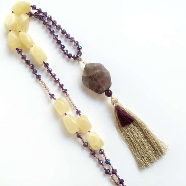 Yellow_purple | agate - statement, ημιπολύτιμες πέτρες, ημιπολύτιμες πέτρες, αχάτης, γυναικεία, κρύσταλλα, με φούντες, κολιέ, χειροποίητα, μακριά, boho, ethnic, κρεμαστά, Black Friday - 2