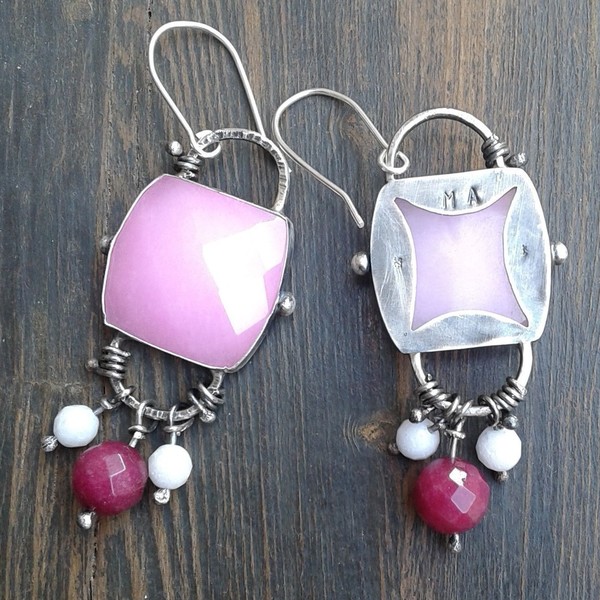 Pink jade earrings - Χειροποίητα ασημένια (.925) σκουλαρίκια με ημιπολύτιμες πέτρες ροζ νεφρίτη - statement, ημιπολύτιμες πέτρες, chic, handmade, fashion, ασήμι 925, νεφρίτης, σκουλαρίκια, χειροποίητα - 3