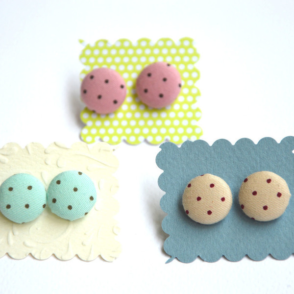Cute pastel buttons earrings - ύφασμα, βαμβάκι, πουά, χειροποίητα, φθηνά
