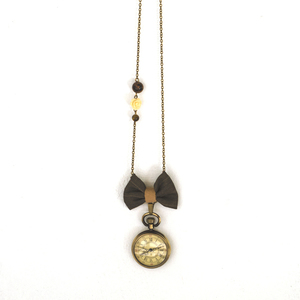 Vintage Clock Brown (ρολόι κολιέ) - ημιπολύτιμες πέτρες, ημιπολύτιμες πέτρες, ύφασμα, φιόγκος, vintage, μακρύ, ρολόι, κολιέ, χειροποίητα, romantic, μακριά, στυλ φιόγκος