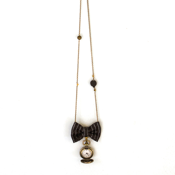 Vintage Clock Black Jean (ρολόι κολιέ) - vintage, ρολόι, μακρύ, κολιέ, χειροποίητα, φιόγκος, ύφασμα, μέταλλο, ημιπολύτιμες πέτρες, λάβα, αιματίτης, romantic, μακριά, charms