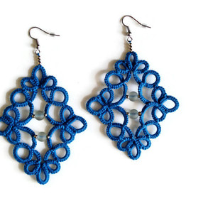 Blue boho beaded earrings - statement, ύφασμα, vintage, γυαλί, μοντέρνο, ορείχαλκος, σταγόνα, πλάτης, μακραμέ, κορδόνια, χάντρες, romantic, personalised, boho, ethnic, rock, κρεμαστά, μεγάλα, γάντζος, πλεκτά