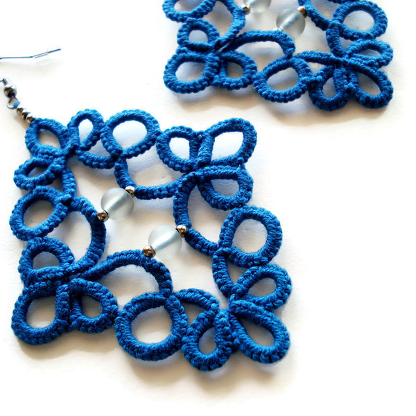 Blue boho beaded earrings - statement, ύφασμα, vintage, γυαλί, μοντέρνο, ορείχαλκος, σταγόνα, πλάτης, μακραμέ, κορδόνια, χάντρες, romantic, personalised, boho, ethnic, rock, κρεμαστά, μεγάλα, γάντζος, πλεκτά - 2