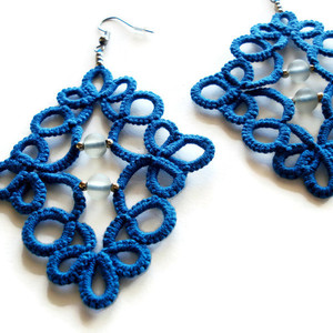 Blue boho beaded earrings - statement, ύφασμα, vintage, γυαλί, μοντέρνο, ορείχαλκος, σταγόνα, πλάτης, μακραμέ, κορδόνια, χάντρες, romantic, personalised, boho, ethnic, rock, κρεμαστά, μεγάλα, γάντζος, πλεκτά - 3