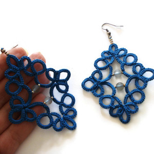 Blue boho beaded earrings - statement, ύφασμα, vintage, γυαλί, μοντέρνο, ορείχαλκος, σταγόνα, πλάτης, μακραμέ, κορδόνια, χάντρες, romantic, personalised, boho, ethnic, rock, κρεμαστά, μεγάλα, γάντζος, πλεκτά - 4