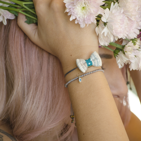 Bow Bracelets Set Petrol - ημιπολύτιμες πέτρες, ημιπολύτιμες πέτρες, ύφασμα, φιόγκος, charms, φίλντισι, νήμα, πουά, αιματίτης, βραχιόλι, βραχιόλια, κορδόνια, χειροποίητα, μάτι, romantic, minimal, σετ, αυξομειούμενα, σετ κοσμημάτων - 4